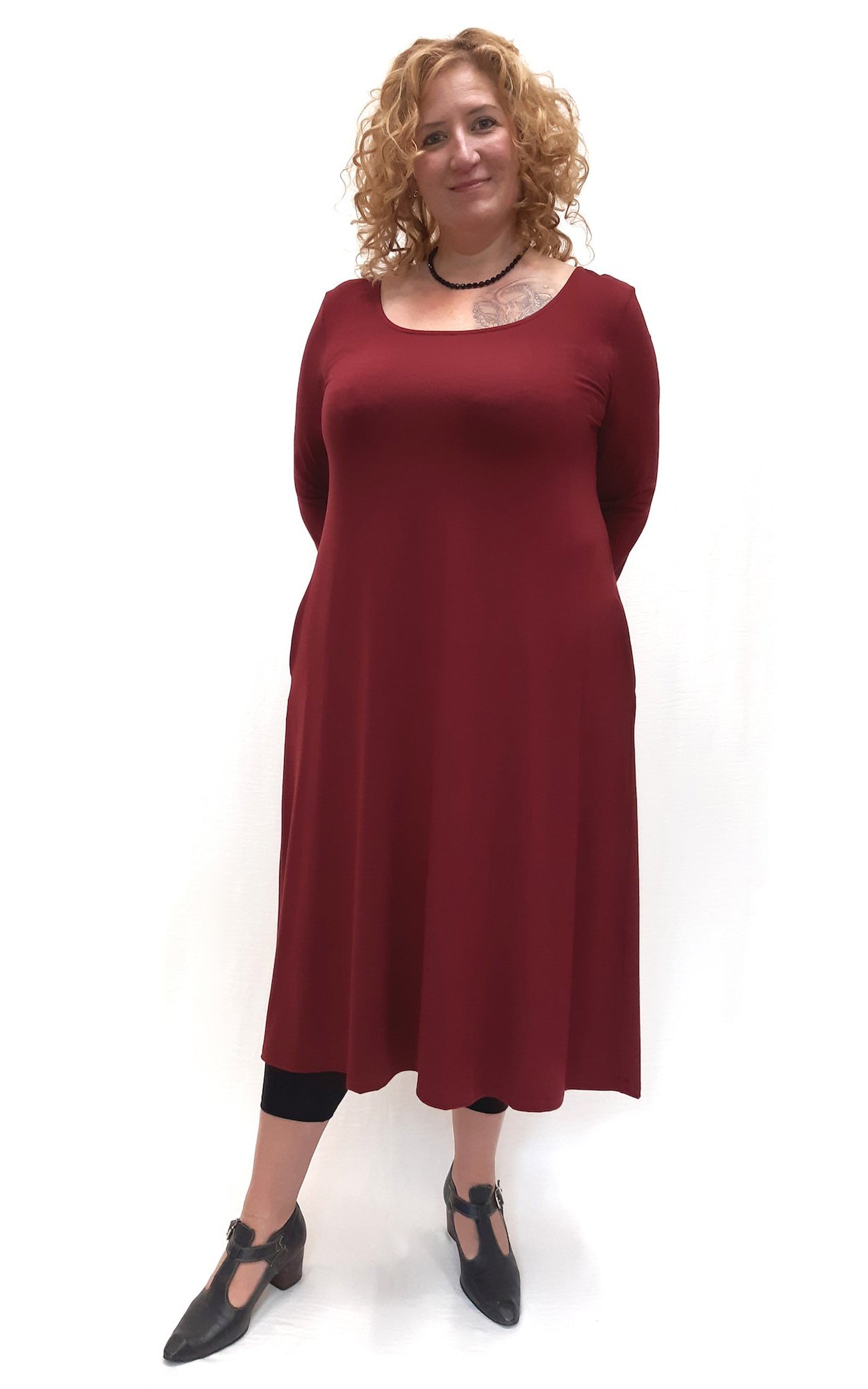 Burgundy bamboo jersey long tunic dress with pockets and 3/4 sleeve, size XXL by Brenda Laine Designs